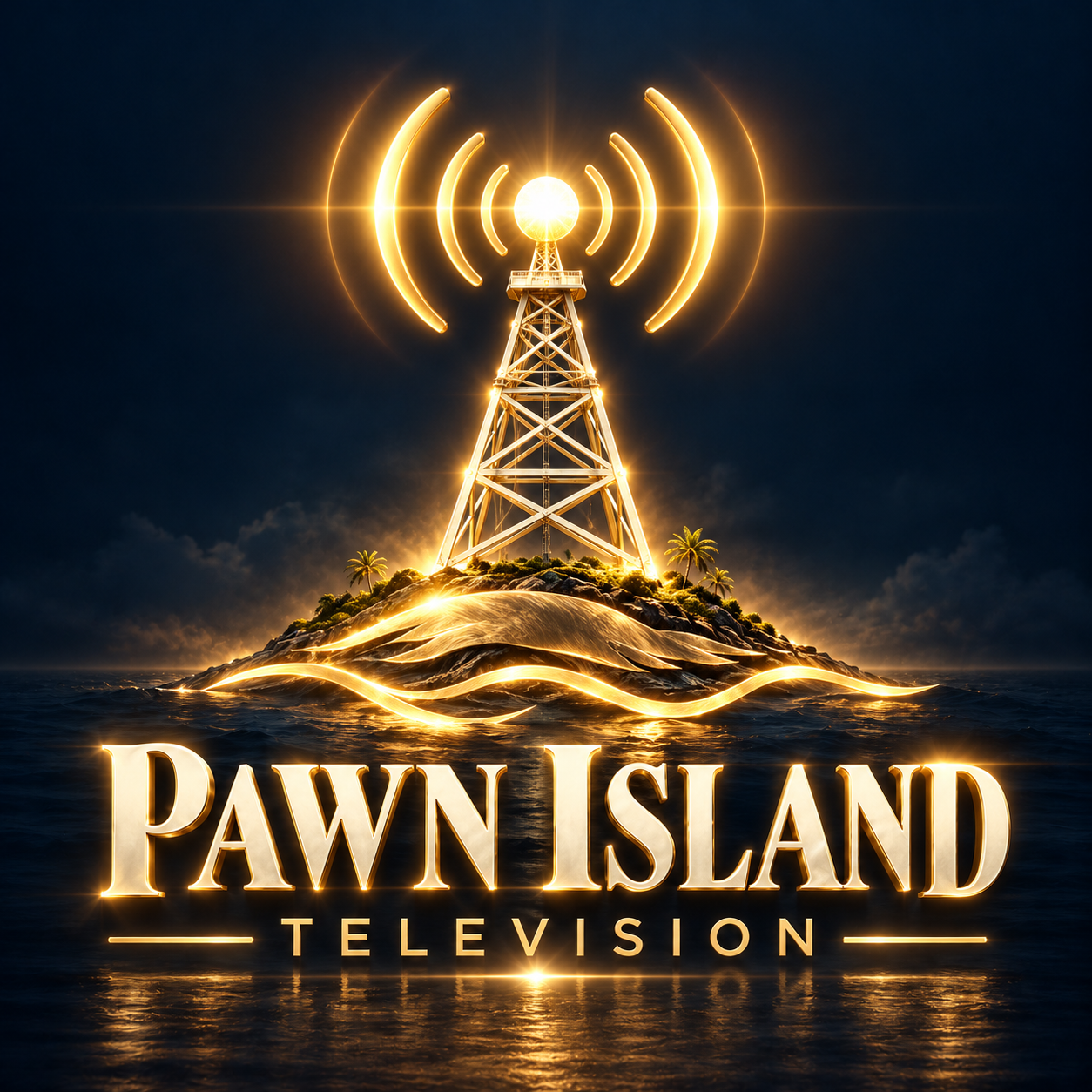 Pawn Island Television logo: a glowing broadcast tower on an island, over the words Pawn Island Television